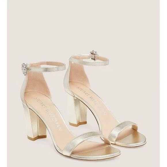 Stuart Weitzman Nearlynude Gem Buckle Sandal Block Heel Size 8.5 B Gold Formal - Picture 3 of 10